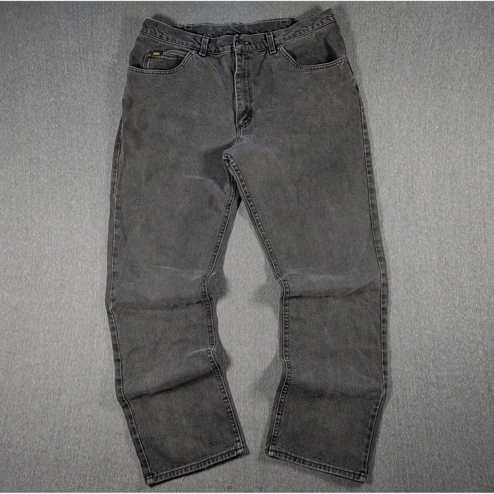 Vtg LEE Jeans Mens 36x32 Black Denim Leather Patch Baggy Relaxed Skater Grunge